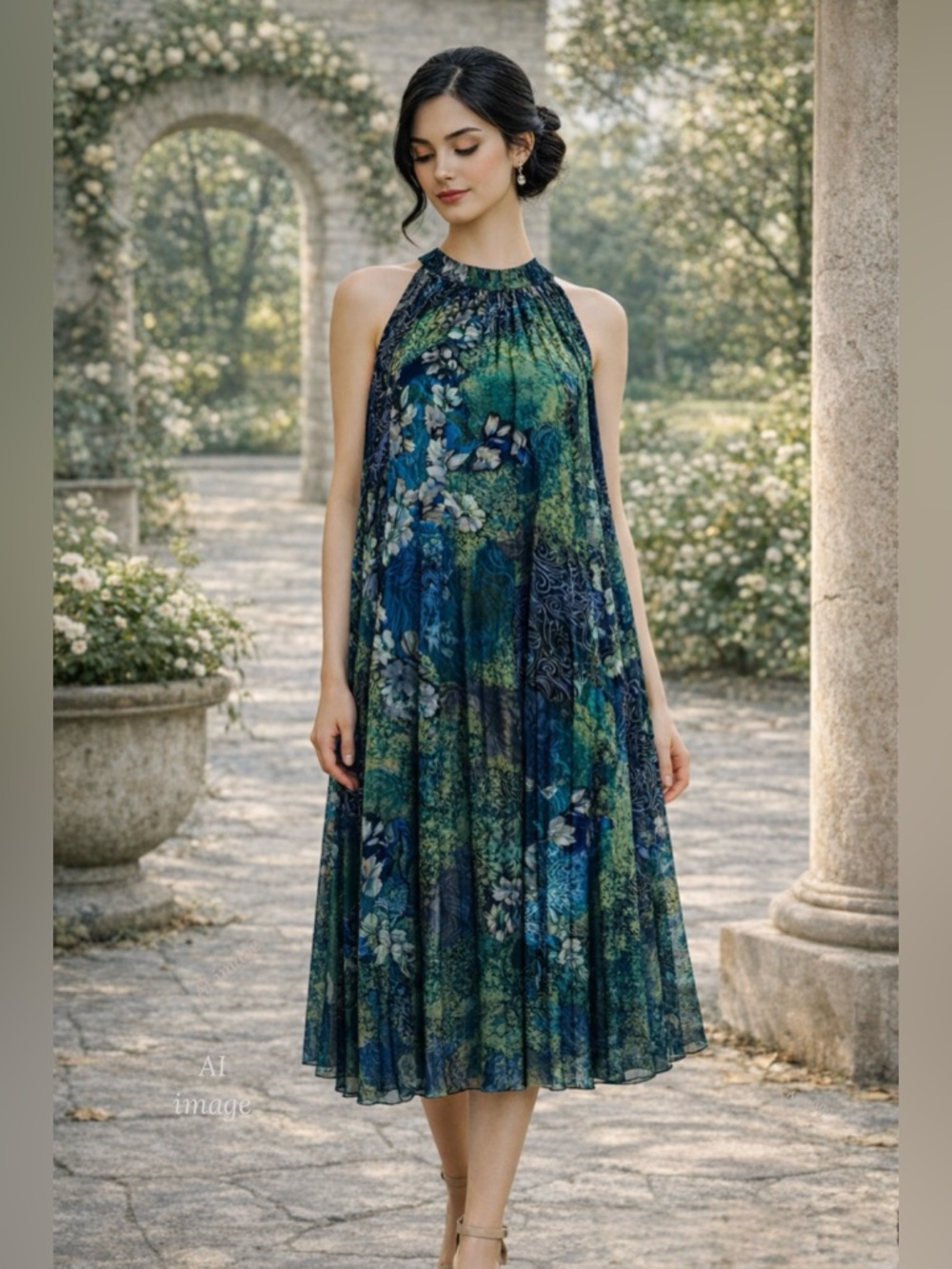Pleated Halter Midi Dress Chiffon Swing Trapeze Blue Green Floral M